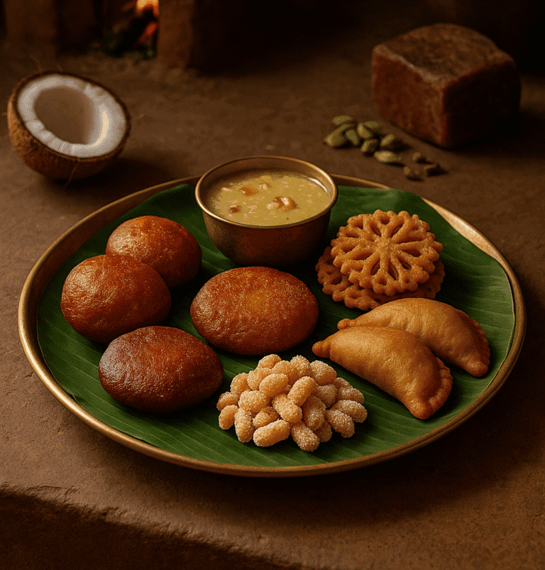 Traditional South Indian homemade Christmas desserts platter with nei appam, achu murukku, kalkals, somas, adhirasam and payasam on a banana leaf.