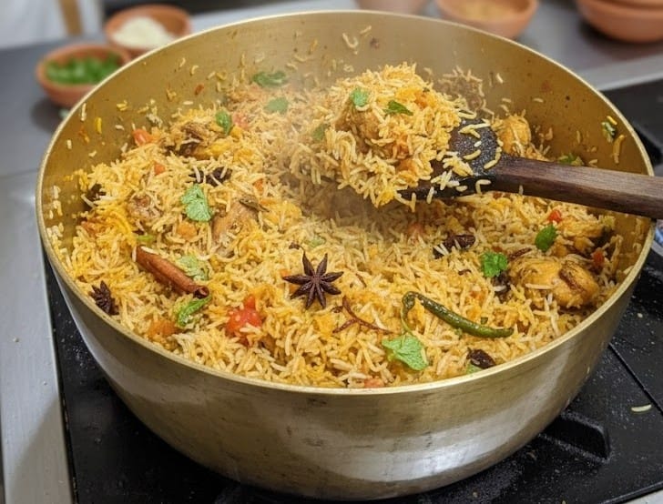 Chicken Dum Biryani gravy simmering with chicken pieces, tomatoes, mint, and whole spices in a wide biryani pot.