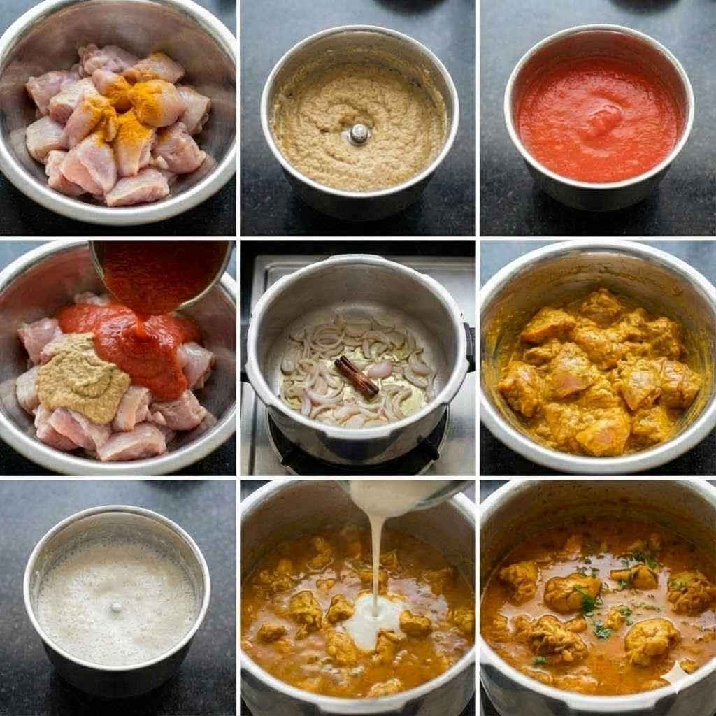 Chicken Kulambu Recipe Step by Step (சிக்கன் குழம்பு) — South Indian chicken curry preparation photos from cleaning, marination to final curry.