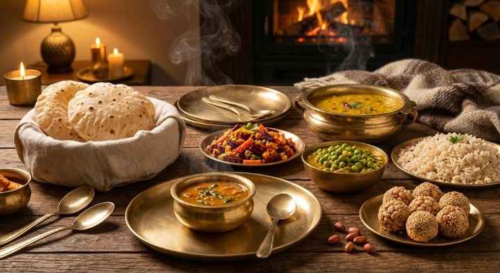 Steaming homemade winter Indian meal with rotis, dal, beetroot poriyal, green peas curry, rice and sesame ladoo served in brass plates near a fireplace — cosy winter dinner.