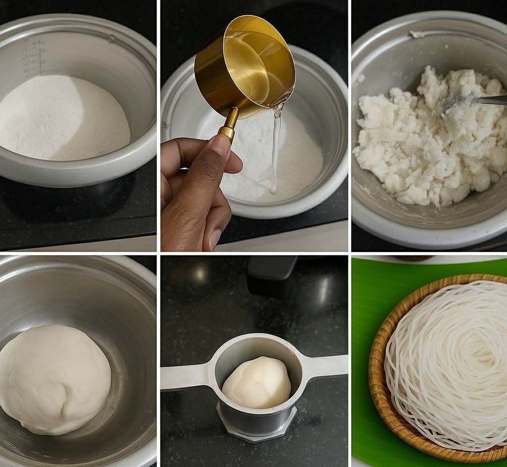 Step-by-step idiyappam recipe collage showing flour mixing, adding hot water, kneading dough, and pressing soft nool puttu.