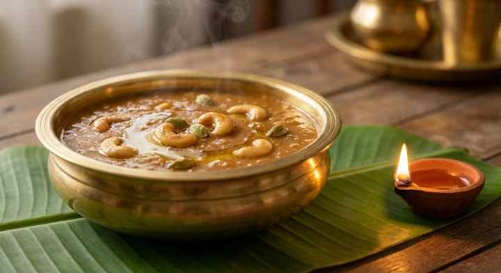 Sarkarai Pongal served in a brass bowl with cashews and an oil lamp for Karthigai Deepam prasadam.