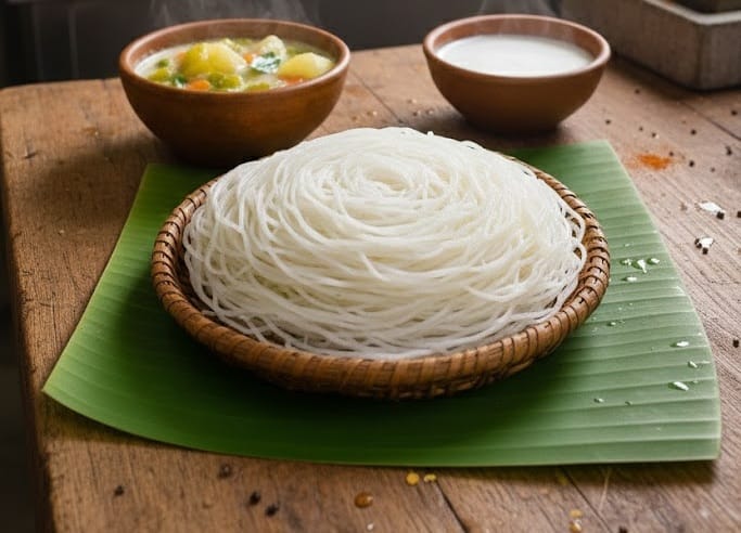 Soft idiyappam arranged on a banana leaf with vegetable stew and coconut milk, showing the traditional nool puttu recipe.