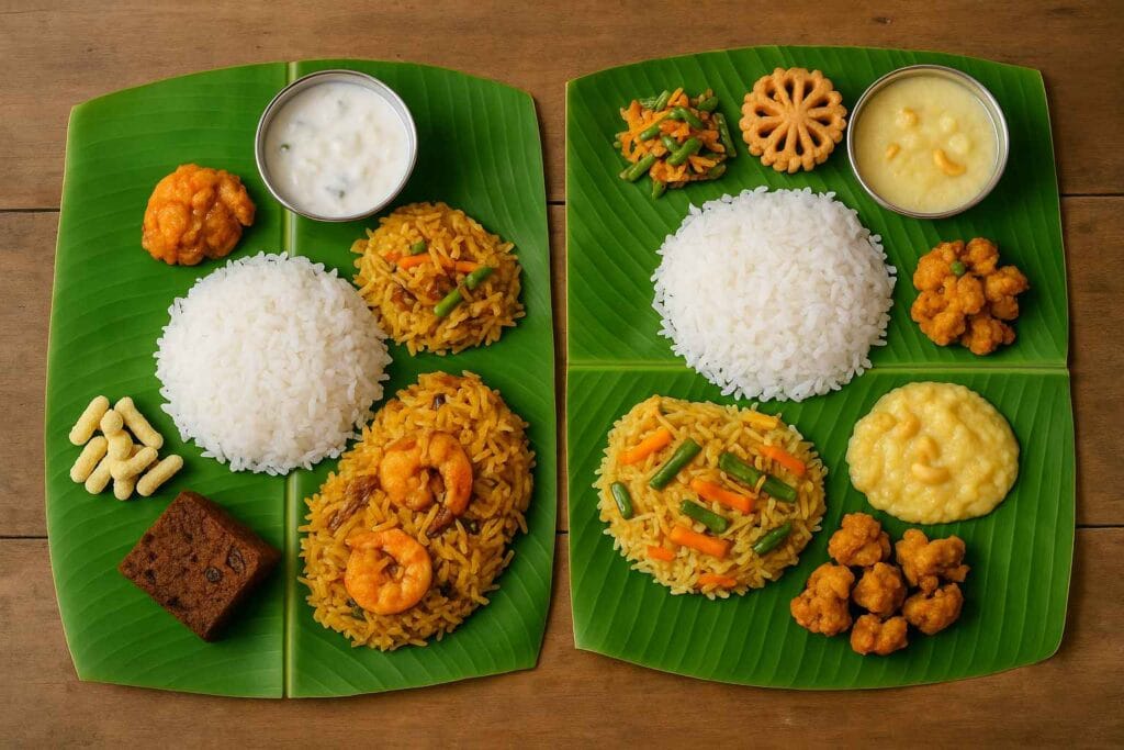 South Indian Christmas food served on banana leaves with white rice, prawn biryani, vegetable biryani, payasam, curd, pakoda, and traditional sweets.