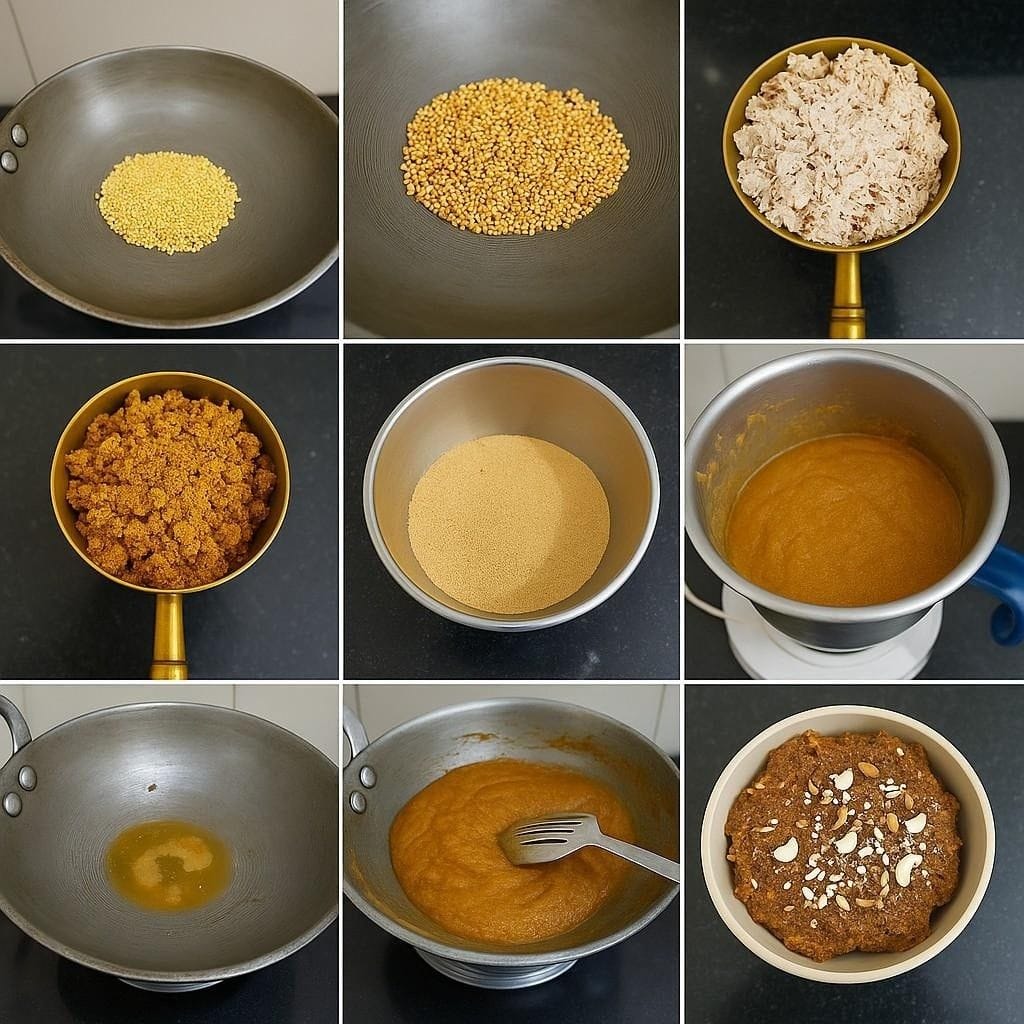 Step-by-step Thengai Therattipal recipe with coconut, jaggery, and moong dal preparation (தேங்காய் திரட்டுப்பால்)