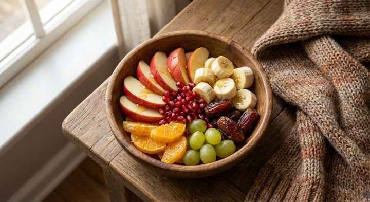 Bowl of mixed seasonal fruits in winter India — apples, bananas, pomegranate seeds, grapes, oranges and dates placed near a warm knitted blanket by a window.