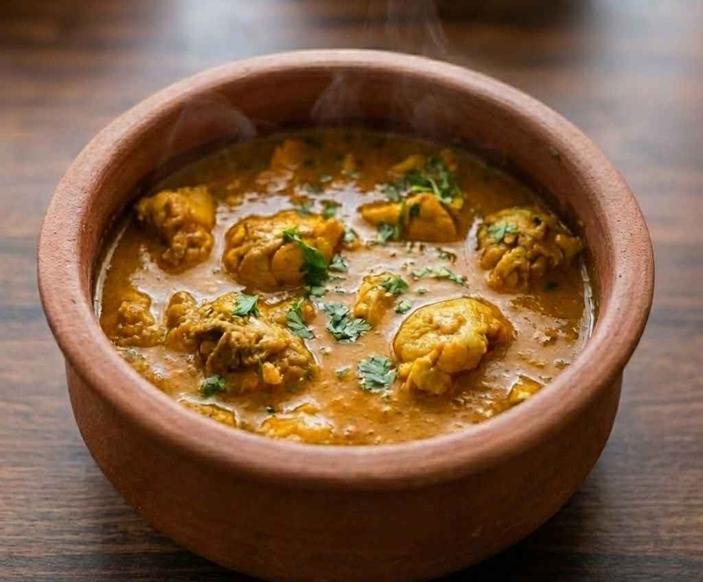 Chicken Kulambu Recipe (சிக்கன் குழம்பு) served in a clay pot — South Indian chicken curry.