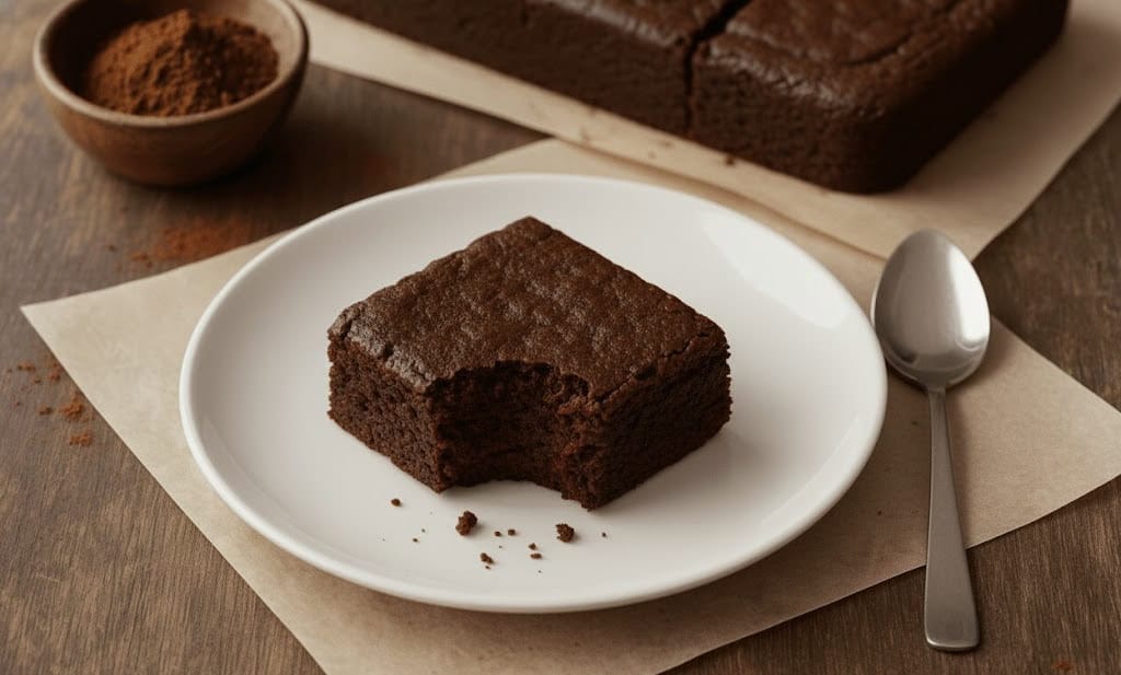 eggless brownie slice on a plate – fudgy chocolate brownie