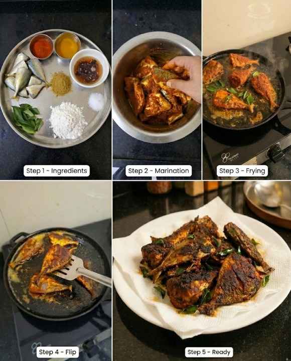 Crispy Fish Fry step by step | மீன் வறுவல் ingredients, marination and frying process in 5 stages