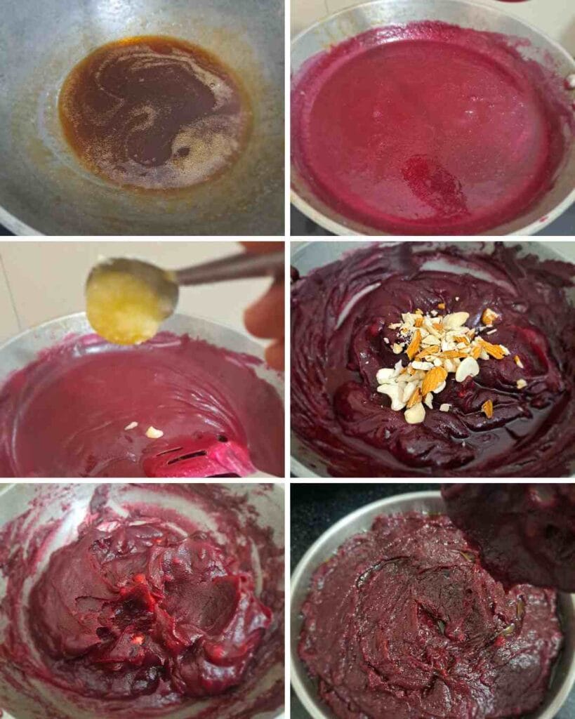 Beetroot halwa cooking process with jaggery, ghee and nuts