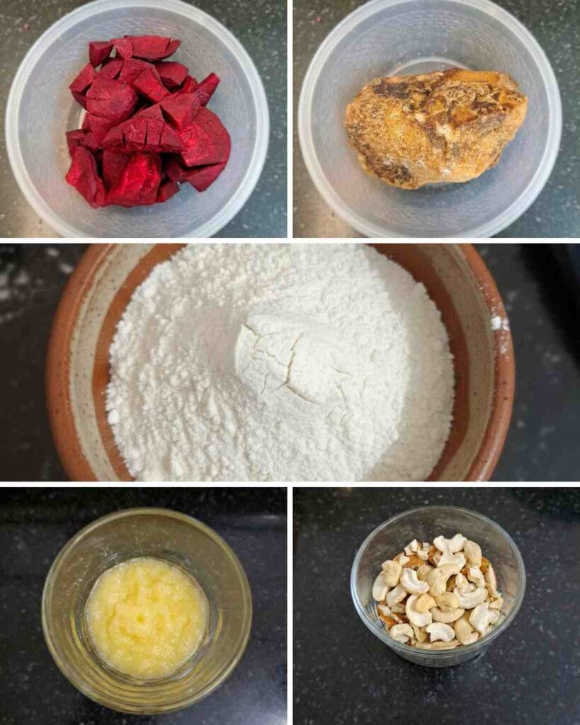 Beetroot, jaggery, corn flour, ghee and nuts for beetroot halwa recipe
