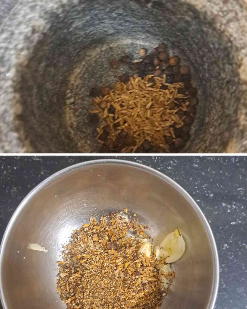 coarsely ground pepper cumin and garlic spice mix prepared for murungai keerai soup