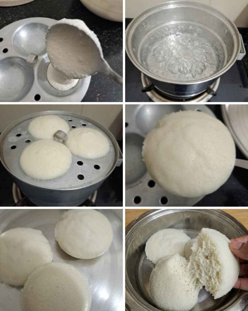 Idli recipe cooking steps showing batter poured into idli plates, steaming process, and soft fluffy idlis