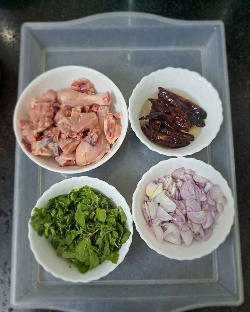 ingredients for ambur chicken dum biryani using dry red chilli ginger garlic paste