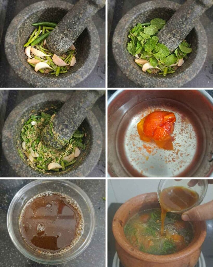Mint rasam preparation steps showing grinding spices with mint, boiled tomato, tamarind extract, and adding tamarind to rasam without tempering.