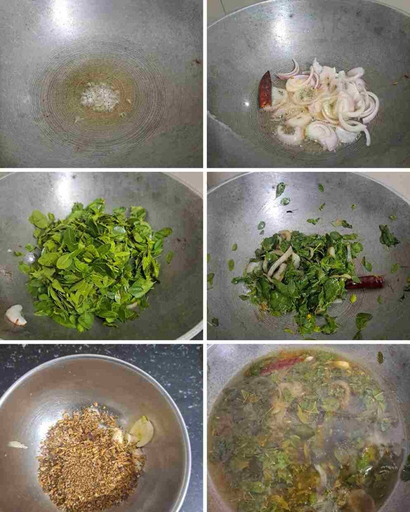 murungai keerai soup cooking process showing tempering, sautéing onion and cooking murungai keerai leaves