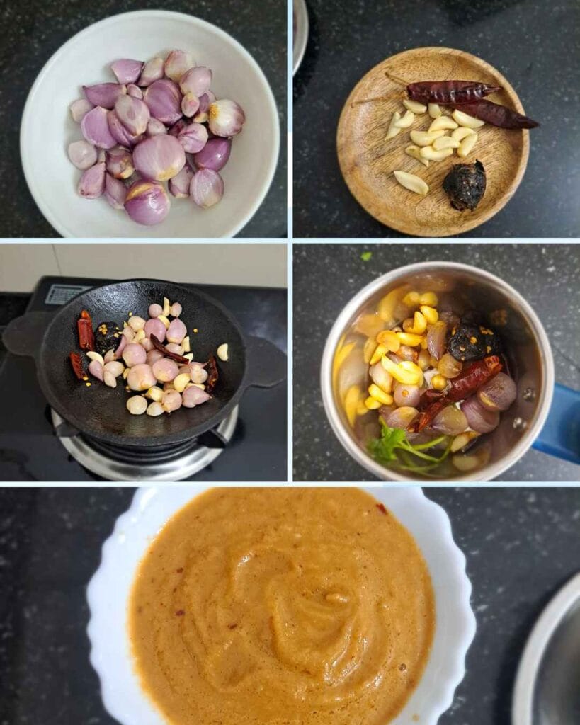 Step by step preparation of onion chutney without coconut using sambhar onions, garlic, red chillies and tamarind