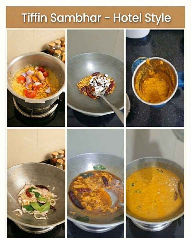 Tiffin Sambhar Hotel Style சாம்பார் step by step collage showing cooking stages from boiling dal, roasting masala, grinding, tempering to final sambar boiling.