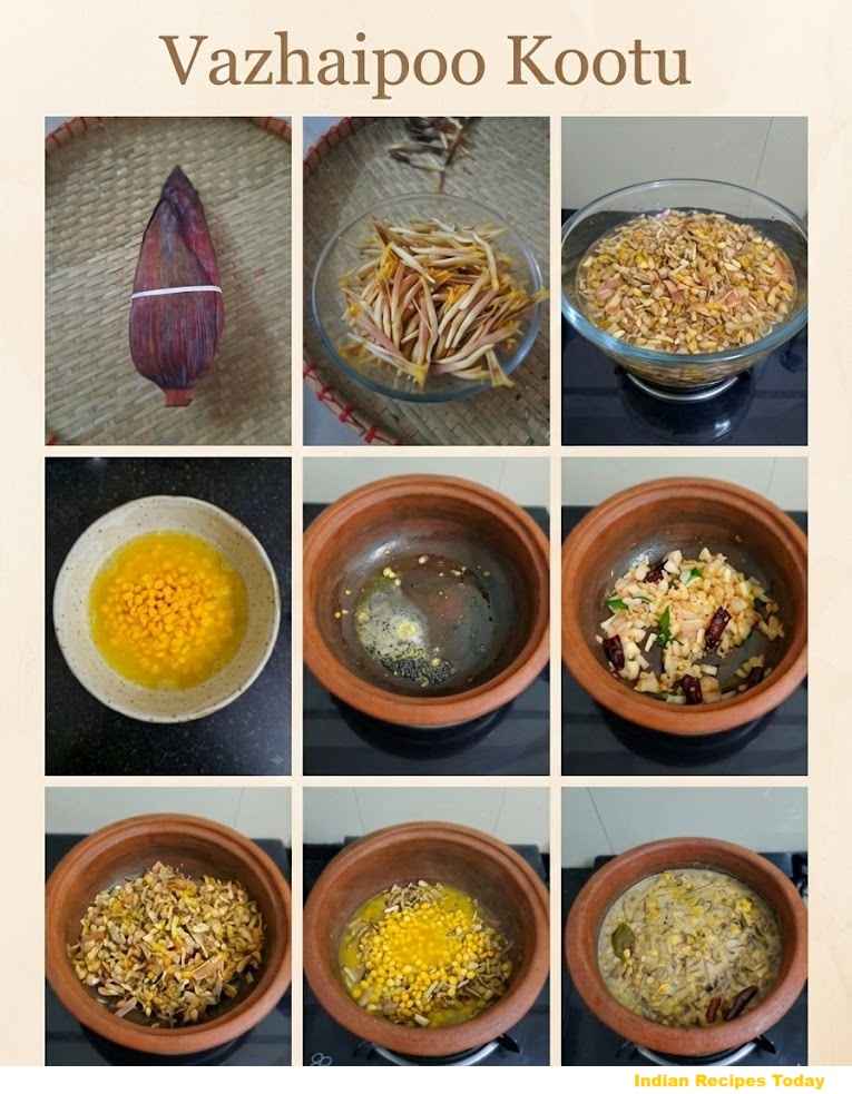 Step-by-step process of cooking Vazhaipoo Kootu (வாழைப்பூ கூட்டு) with banana flower, channa dal and simple South Indian tempering in a clay pot.