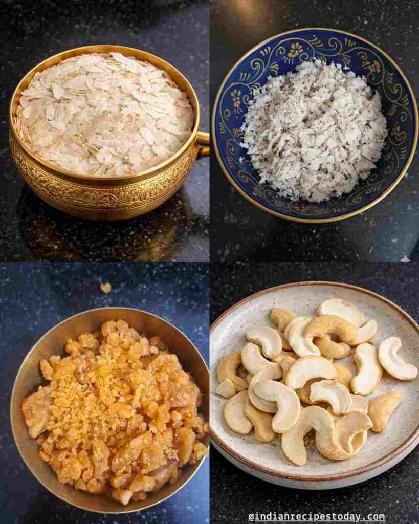 Ingredients for aval coconut jaggery burfi sweet recipe