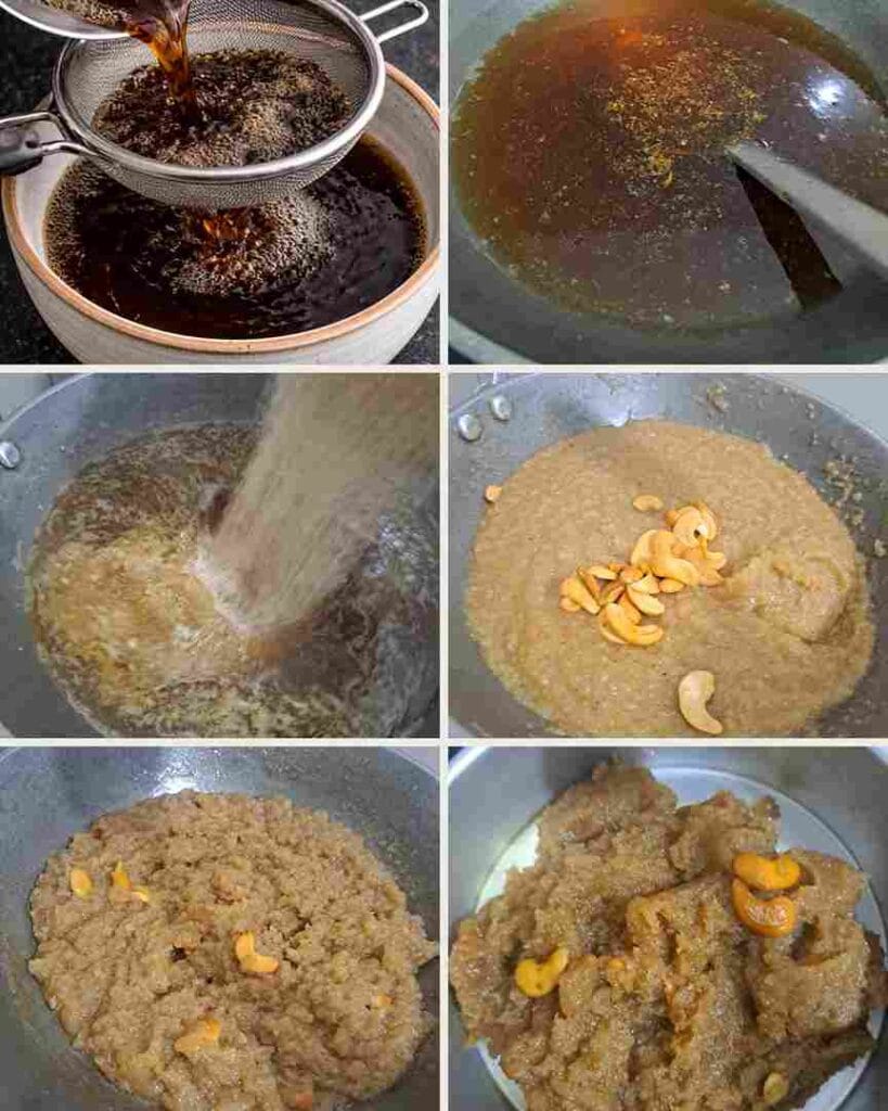 Cooking process of aval coconut jaggery burfi with jaggery syrup and cashews