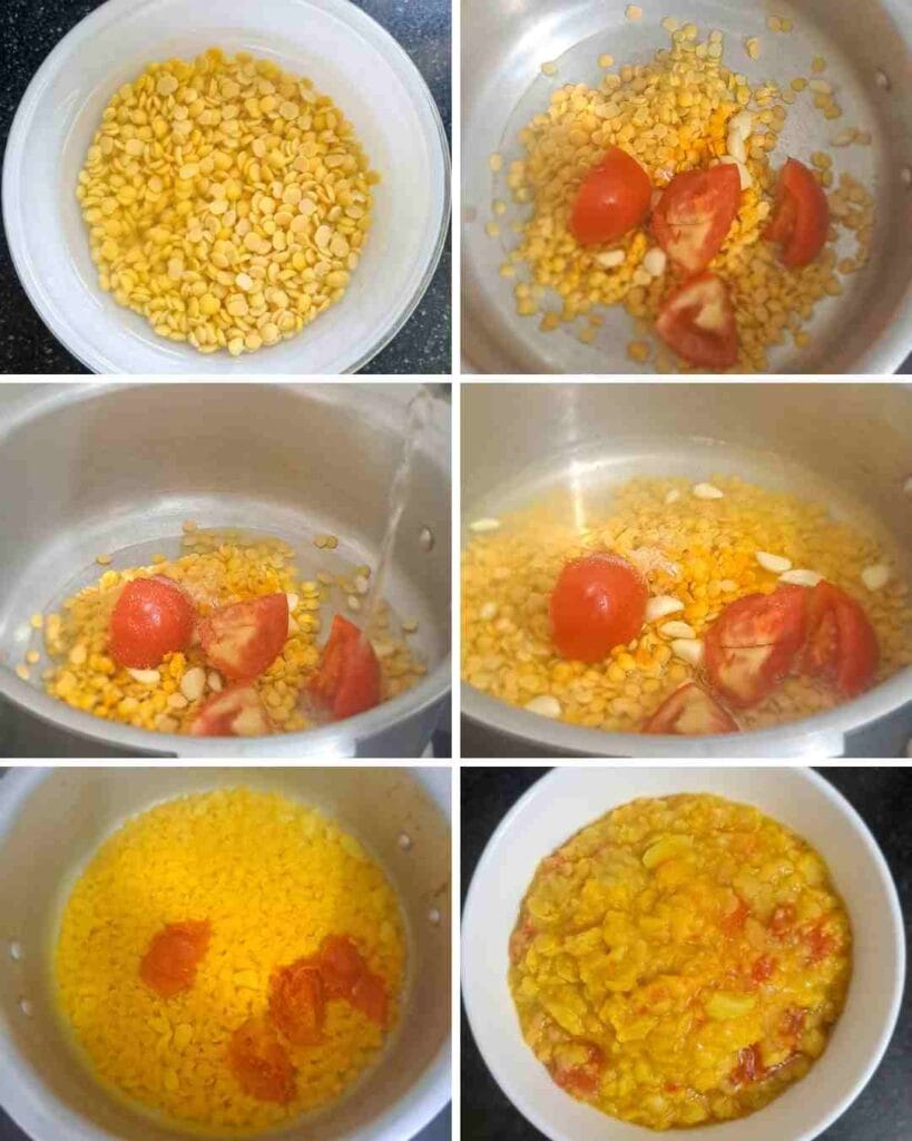 Toor dal cooked with tomato and turmeric for vendhaya paruppu kootu (வெந்தய பருப்பு கூட்டு)