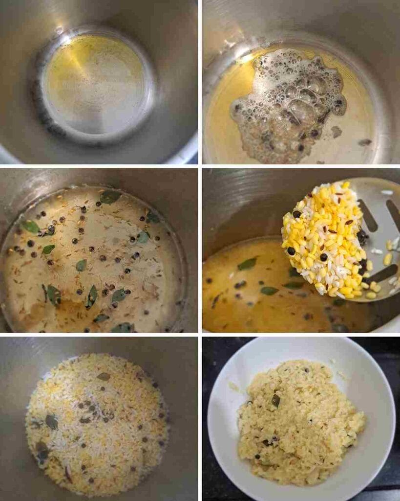 Step-by-step cooking process for ven pongal with rice, dal, and spices