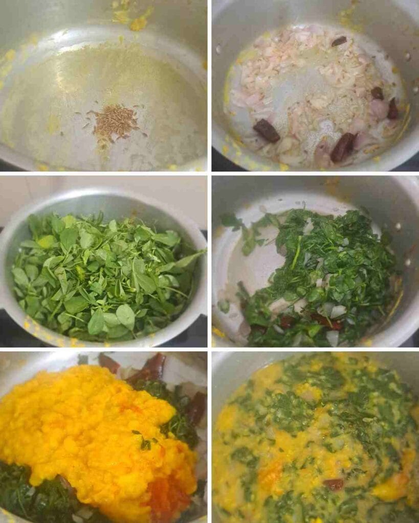 Step by step cooking process of vendhaya paruppu kootu (வெந்தய பருப்பு கூட்டு) showing sautéing, adding vendhaya keerai and mixing cooked dal
