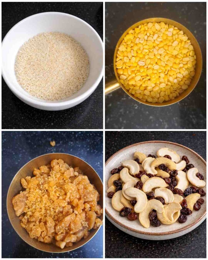 Ingredients used for sakkarai pongal recipe, traditional South Indian sweet சக்கரை பொங்கல்