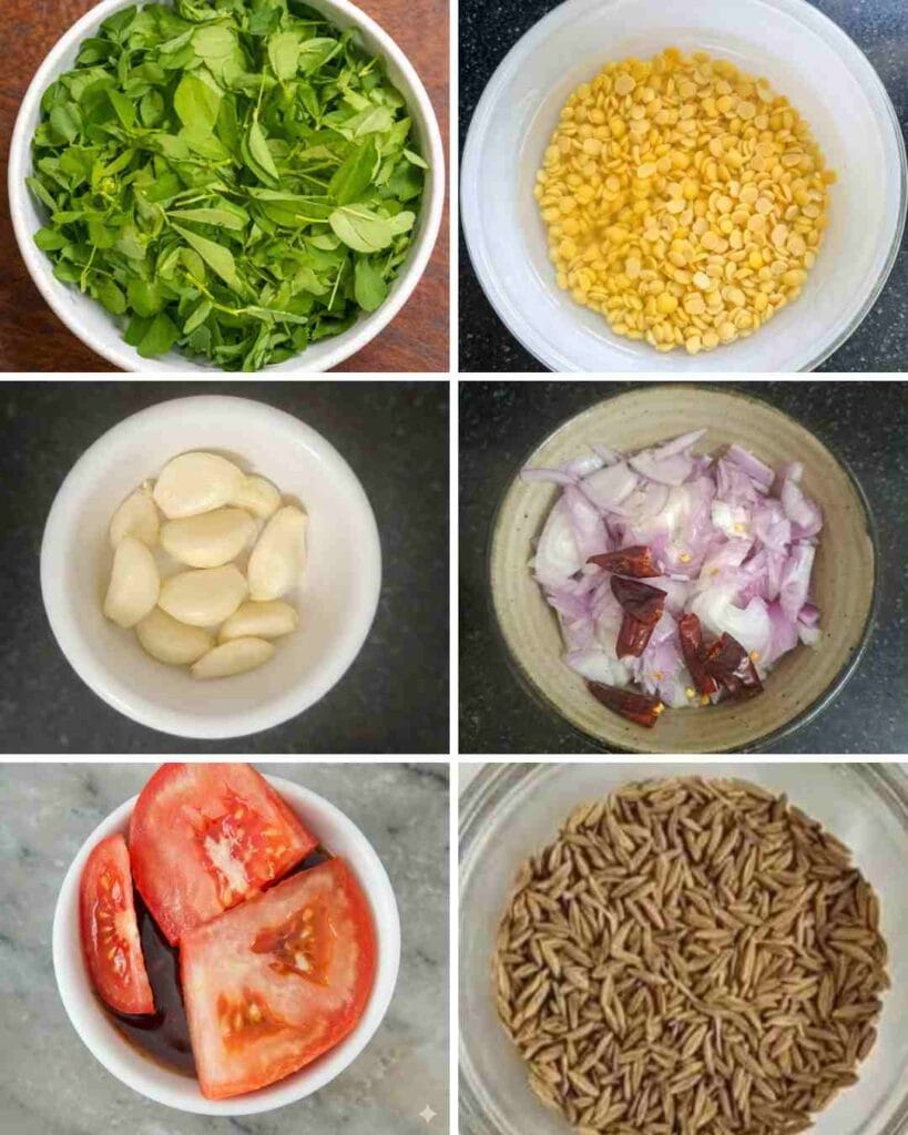 Ingredients used for vendhaya paruppu kootu recipe including vendhaya keerai, toor dal, onion, tomato, garlic and cumin seeds (வெந்தய பருப்பு கூட்டு)