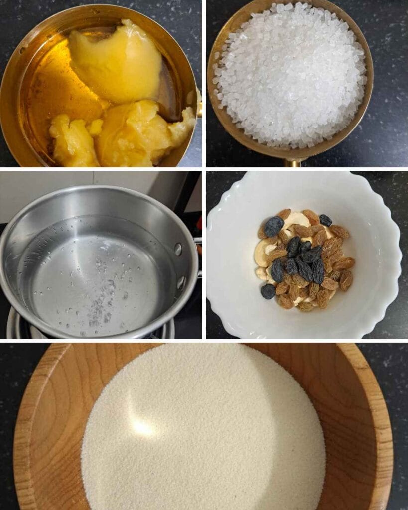 ingredients for rava kesari recipe – rava, sugar, ghee, water, cashews and raisins (ரவை கேசரி)