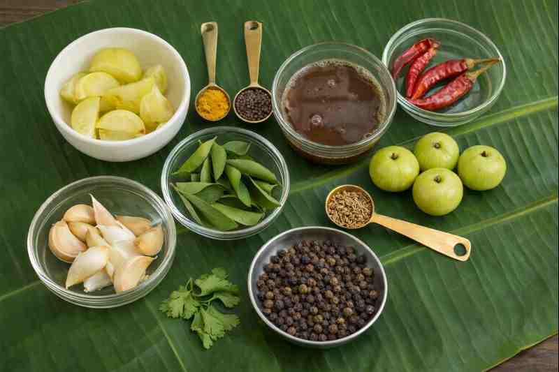 Ingredients for Nellikai Rasam recipe – amla (nellikai), pepper, cumin, garlic, red chilli, curry leaves and tamarind water arranged on banana leaf