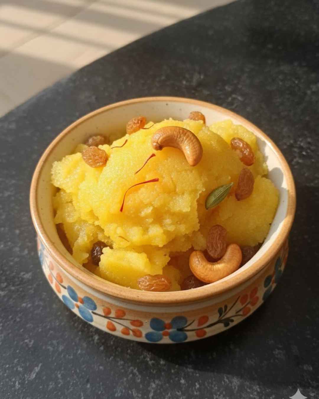 Soft rava kesari garnished with cashews and raisins (ரவை கேசரி)