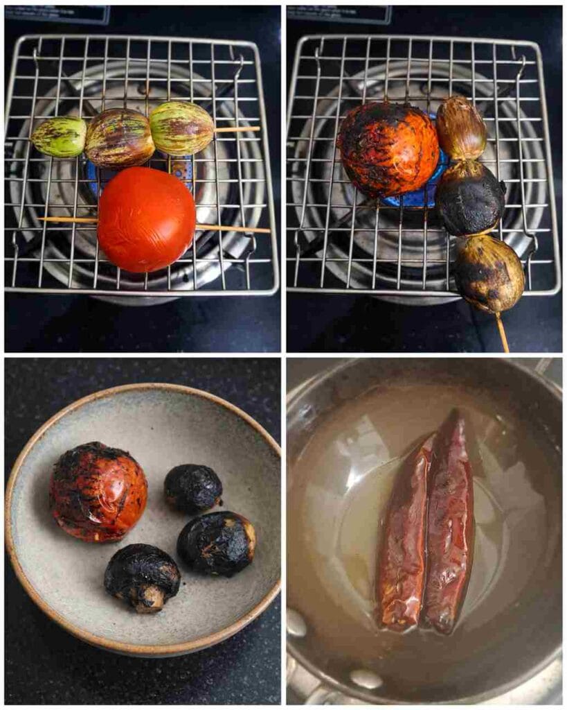 Sequence of steps showing brinjals and tomato being fire-roasted on a stovetop, and dry red chilies soaking in water.