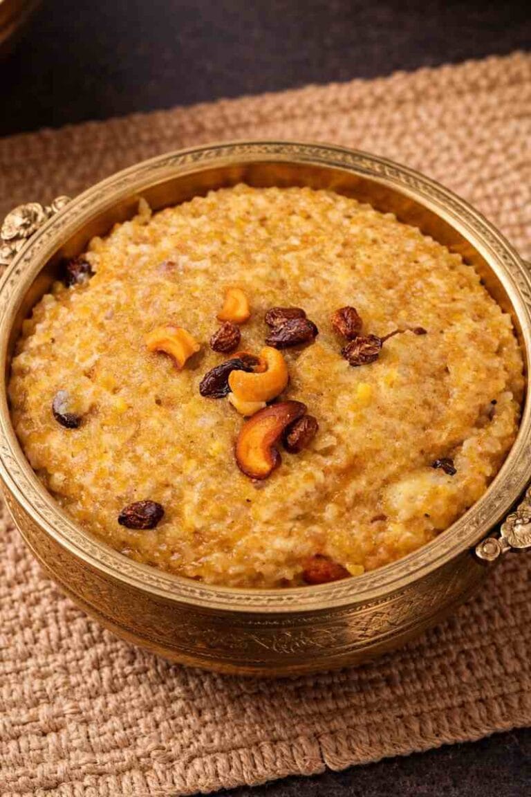 Sakkarai pongal recipe served in a traditional brass bowl, South Indian sweet சக்கரை பொங்கல்