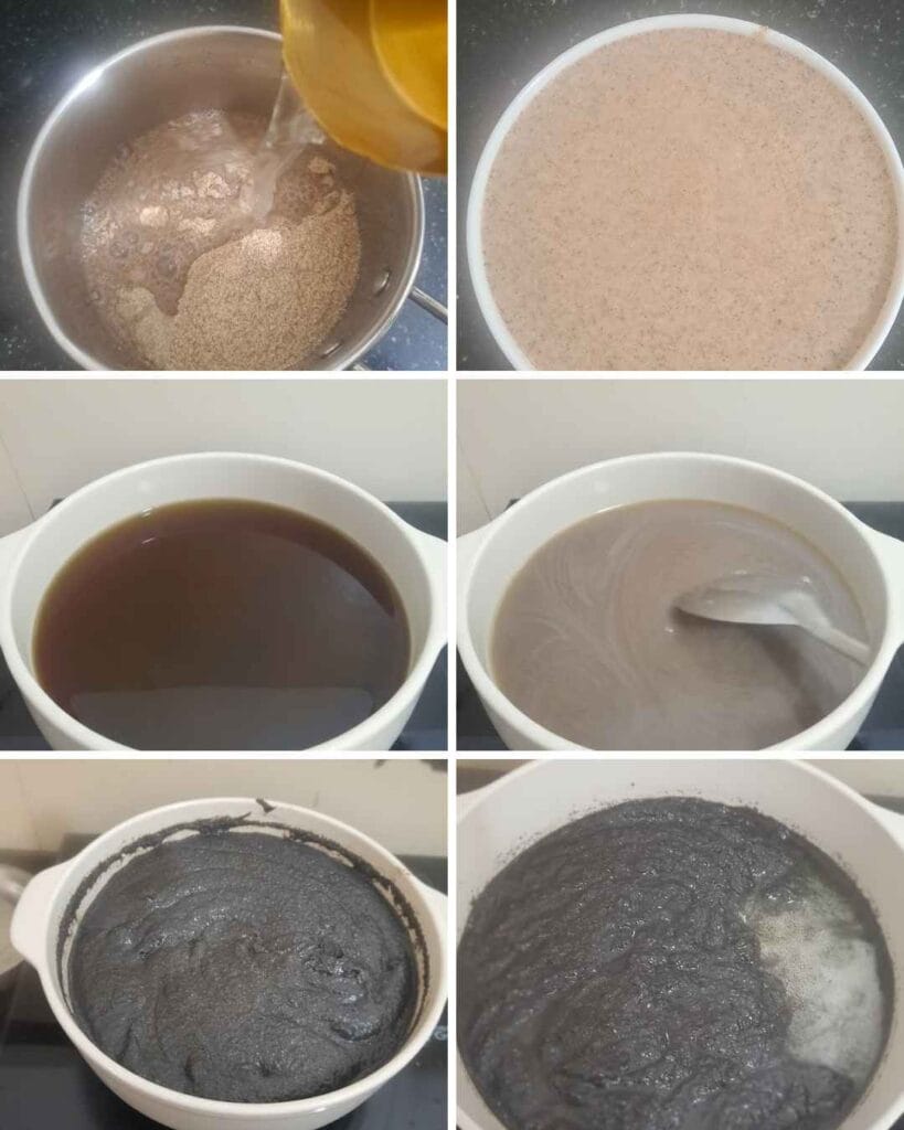 Cooking ulundu kali in kadai showing jaggery syrup, stirring and thickening stages (கருப்பு உளுந்து களி)