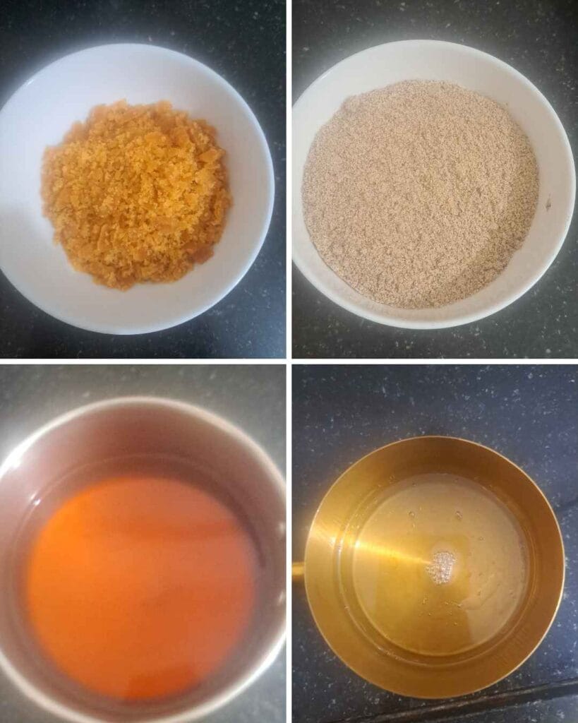 Jaggery syrup, ulundu kali flour and coconut oil for karuppu ulundhu kali (கருப்பு உளுந்து களி)