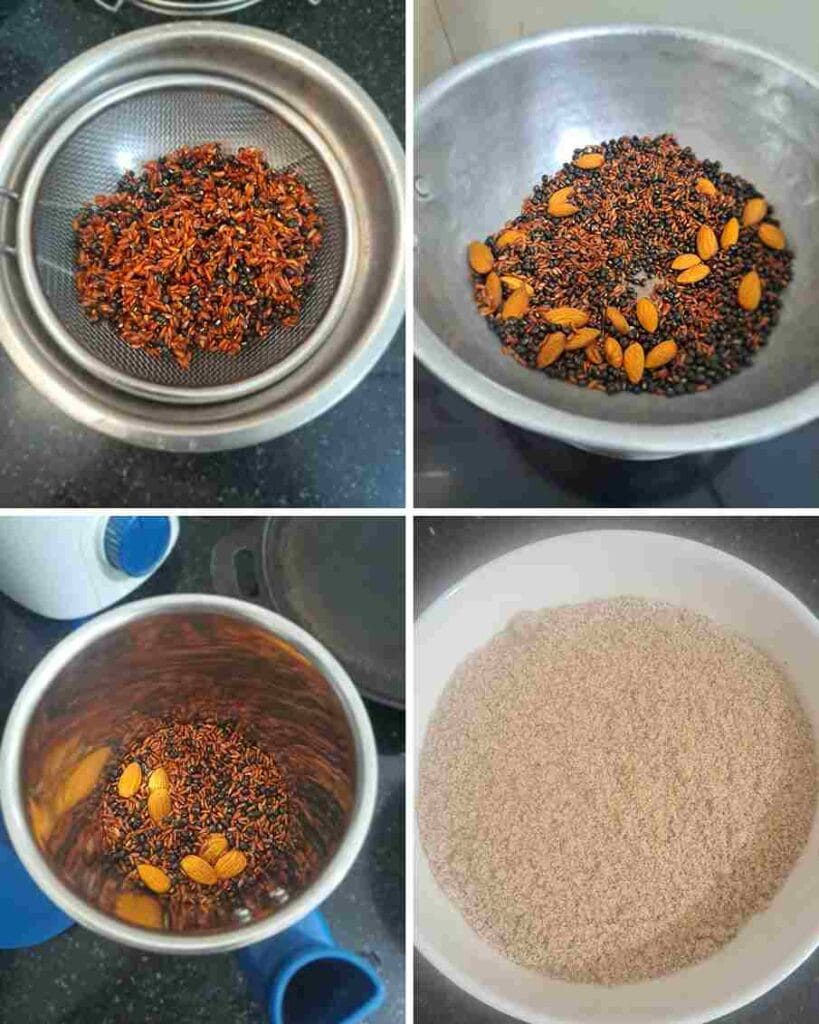 Dry roasted karuppu ulundhu and red rice for ulundu kali recipe (கருப்பு உளுந்து களி)