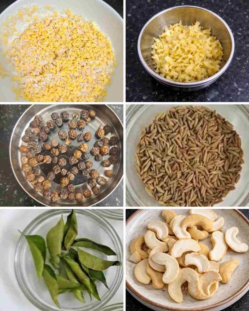 Ingredients for ven pongal including rice, moong dal, spices, curry leaves, and cashews