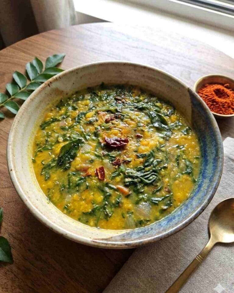 Vendhaya paruppu kootu served hot, a traditional South Indian kootu made with vendhaya keerai and toor dal (வெந்தய பருப்பு கூட்டு)