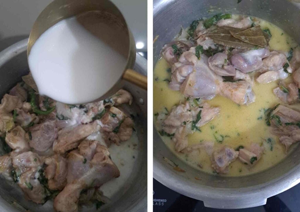 Coconut milk added to chicken biryani with coconut milk for creamy texture and rich flavor