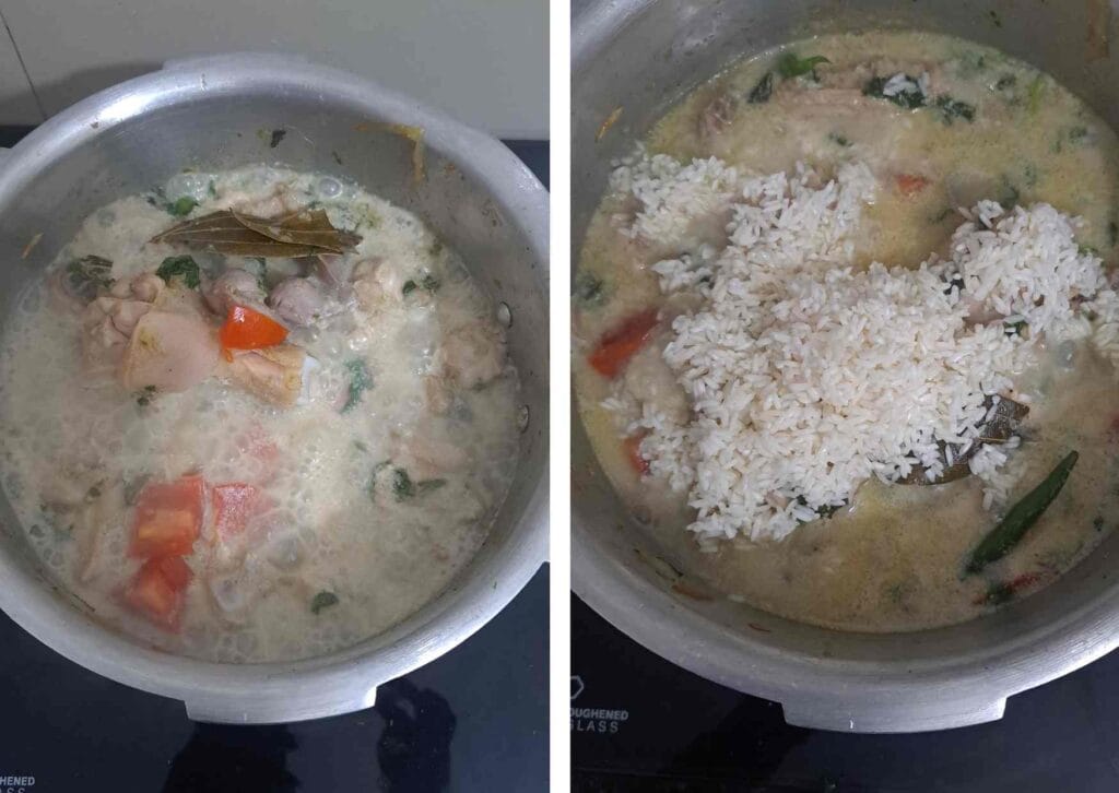Raw rice added at rolling boil stage in chicken biryani with coconut milk