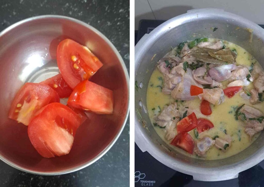 Fresh tomatoes added to chicken biryani with coconut milk for balanced flavor