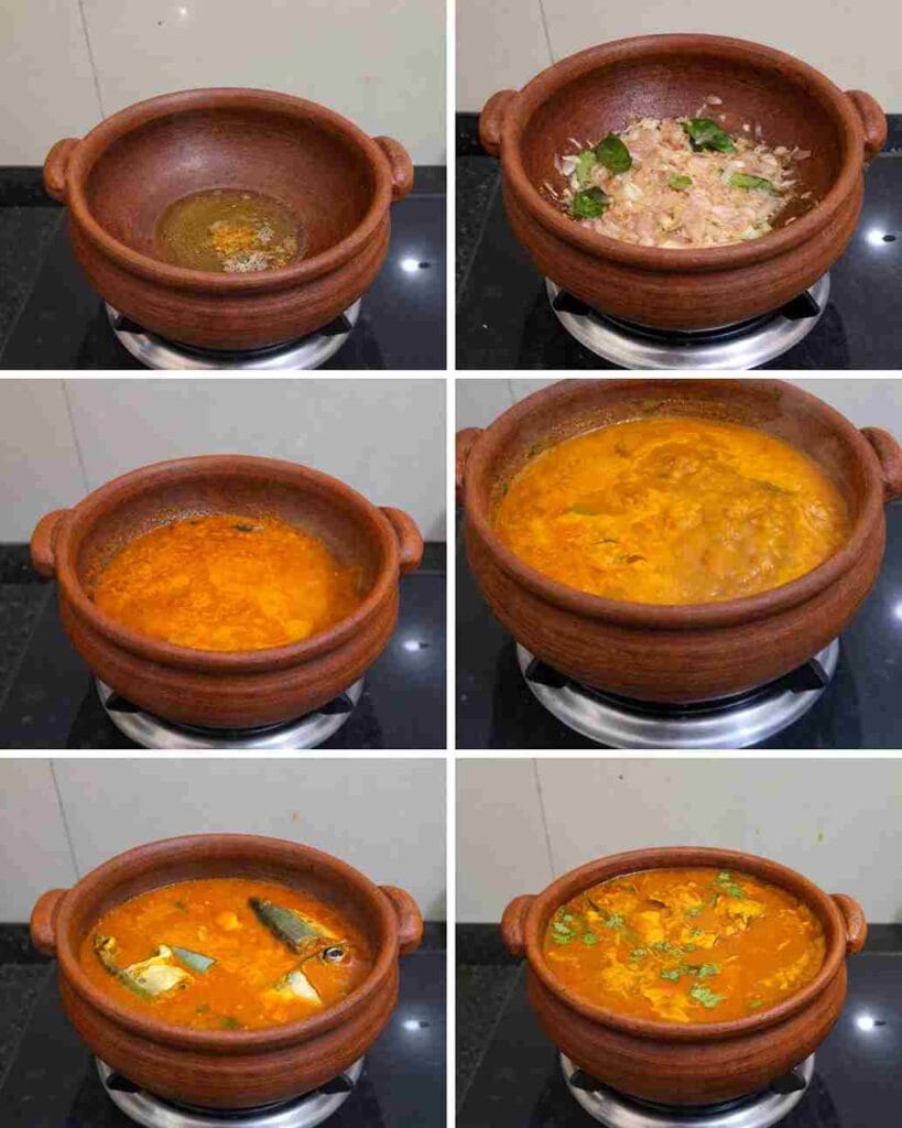 Step by step ayila meen kulambu preparation in clay pot from sautéing to boiling fish head curry
