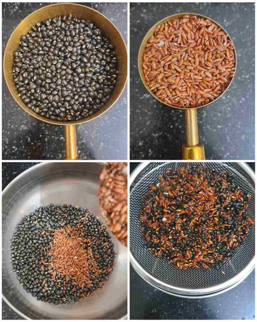Washed and strained black urad dal and red rice before roasting for karuppu ulundhu kanji powder