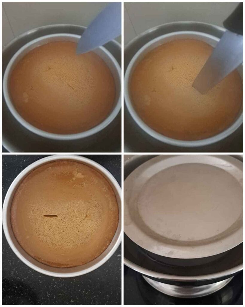 Checking wattalappam with knife after steaming to see if set properly (வட்டலப்பம்)