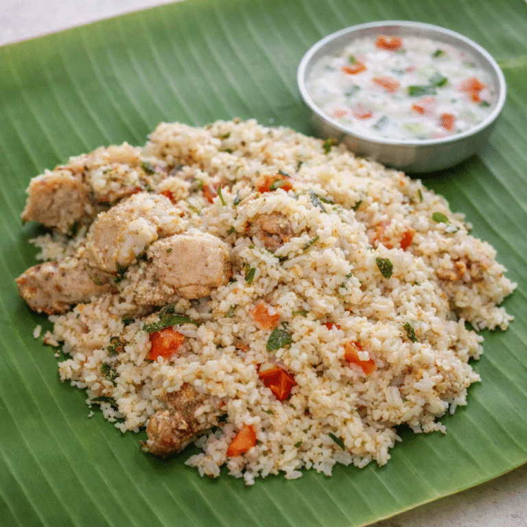 Chicken biryani with coconut milk served on banana leaf with soft rice and tender chicken