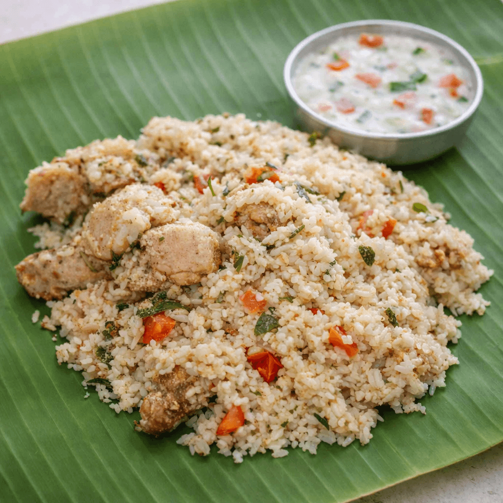 Chicken biryani with coconut milk served on banana leaf with soft rice and tender chicken