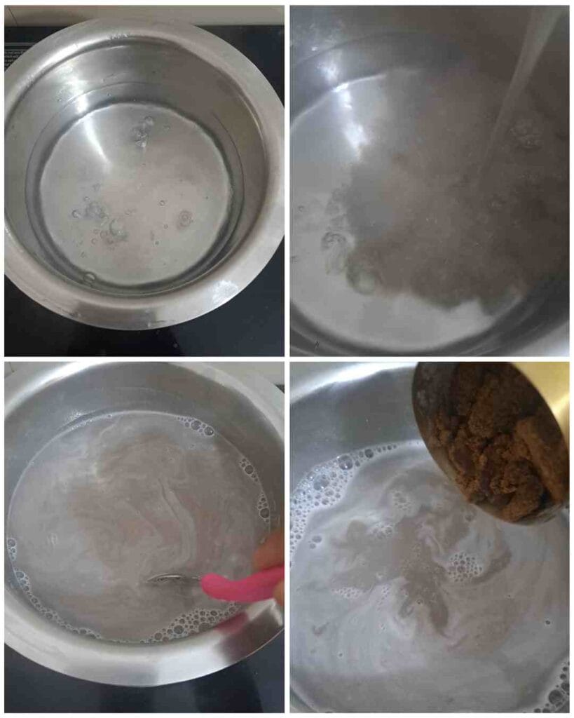 Adding homemade karuppu ulundhu kanji powder to hot water and stirring to cook into porridge
