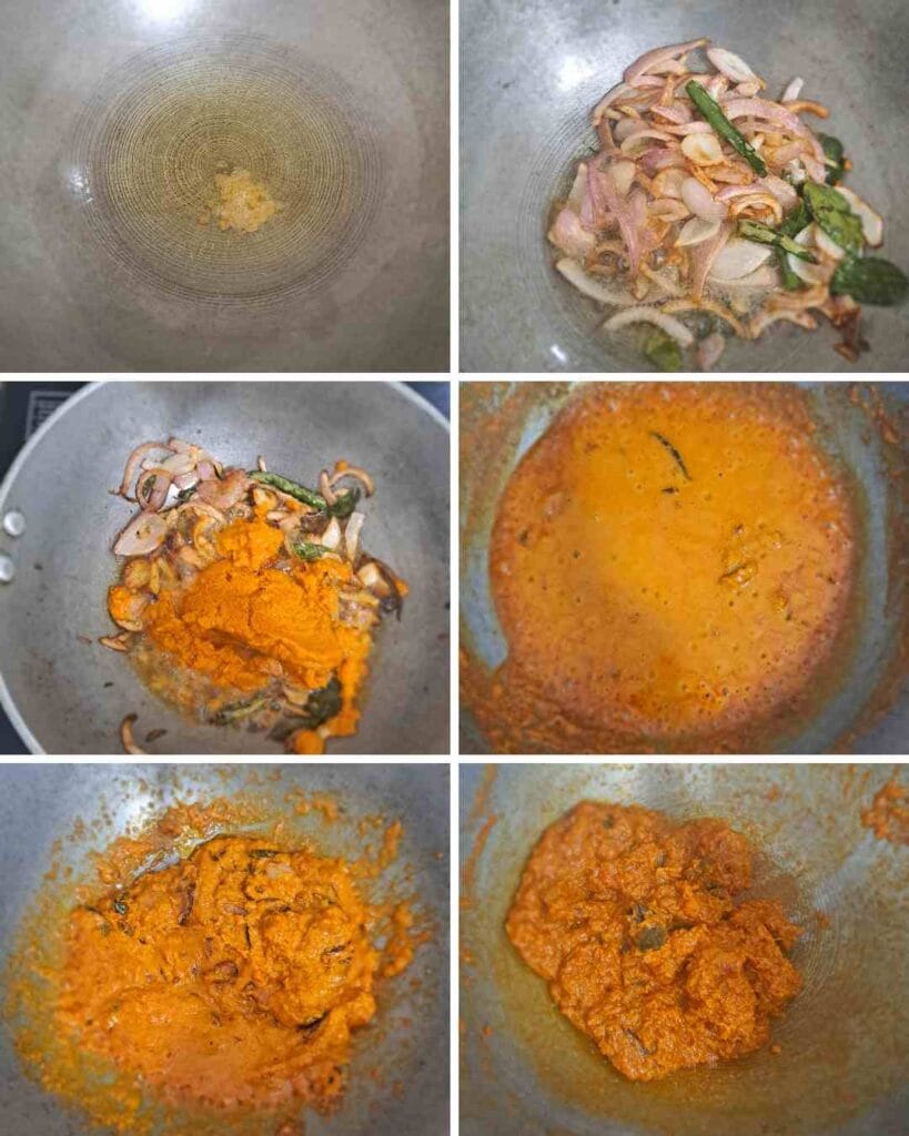 Step-by-step cooking of onion and tomato masala base for Sankara meen kulambu, showing sautéing, spice mixing, and thick masala stage.